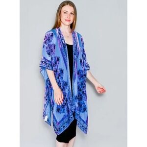 Free People Velvet Burnout Kimono Cardigan Blue Purple Floral Boho One Size